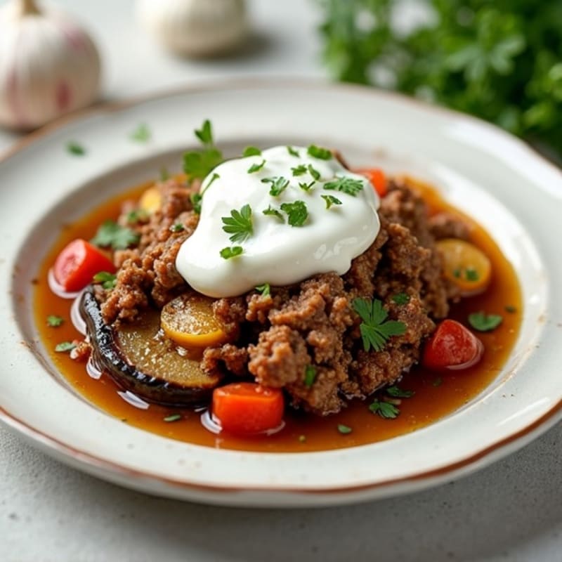 Lean Ground Lamb and Roasted Eggplant Bake with Creamy Topping