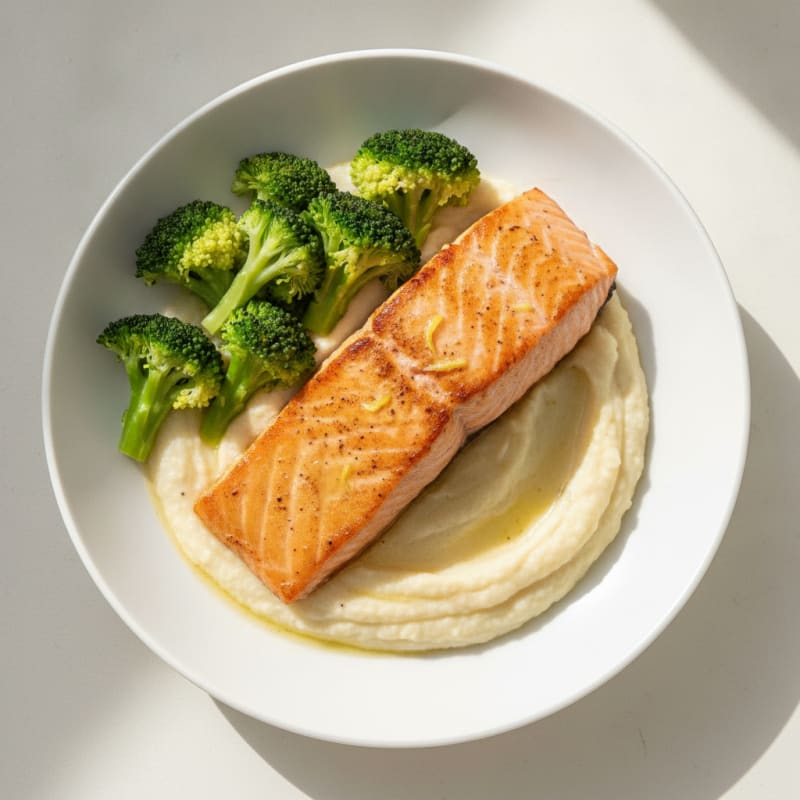 Seared Salmon with Steamed Broccoli and Creamy Cauliflower Mash