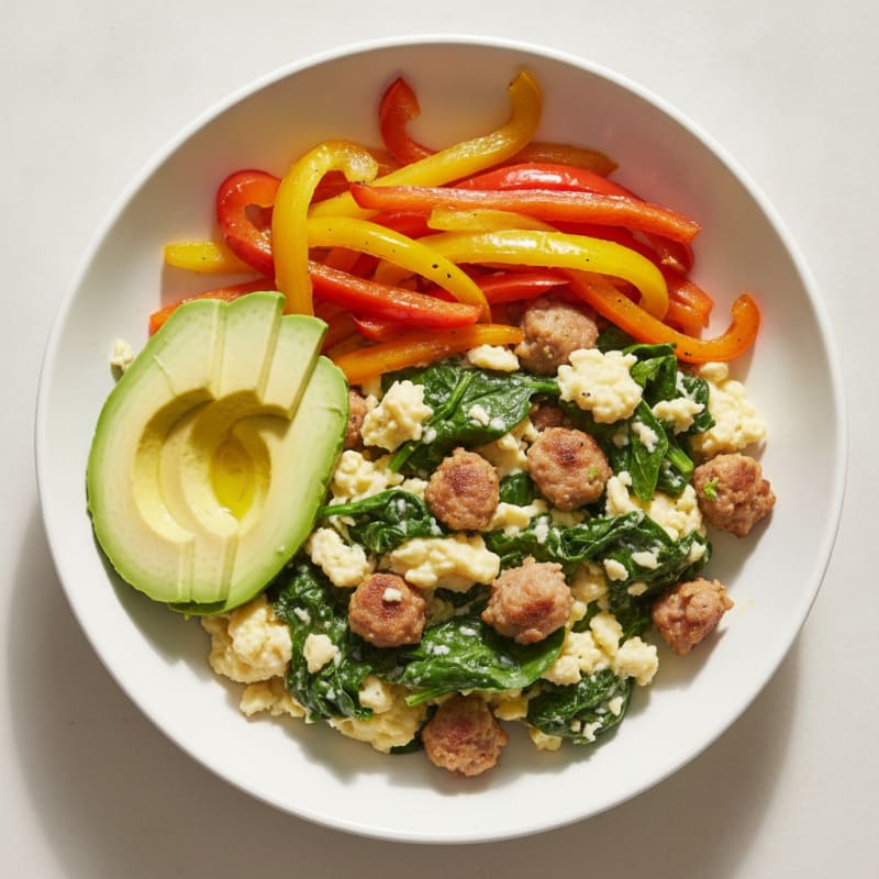 Egg White Spinach Scramble with Turkey Sausage and Sautéed Peppers