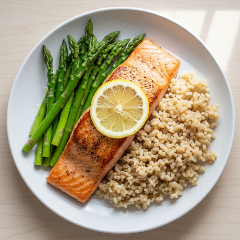 Seared Salmon Fillet with Steamed Asparagus and Brown Rice