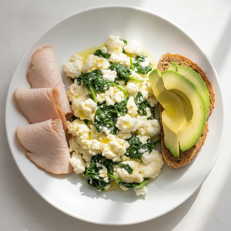 Egg White Spinach Scramble with Cottage Cheese and Sliced Turkey