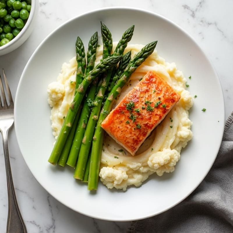 Seared Salmon with Steamed Asparagus and Cauliflower Mash