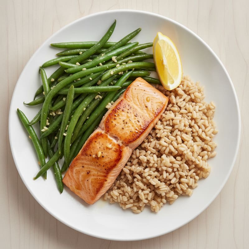 Seared Salmon with Garlic Green Beans and Steamed Brown Rice
