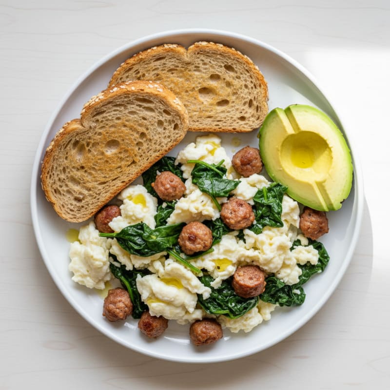 Egg White Scramble with Turkey Sausage and Sautéed Spinach