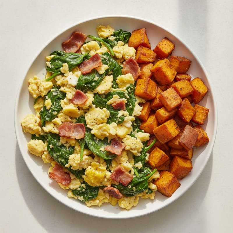 Crispy Turkey Bacon and Spinach Egg Scramble with Roasted Sweet Potatoes