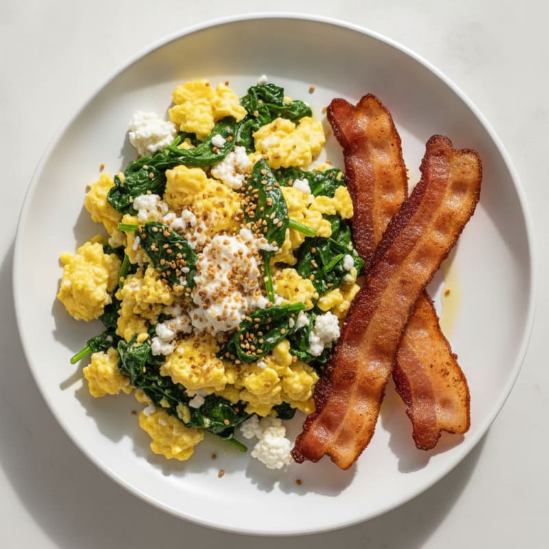 Cottage Cheese Egg Scramble with Sautéed Spinach and Turkey Bacon