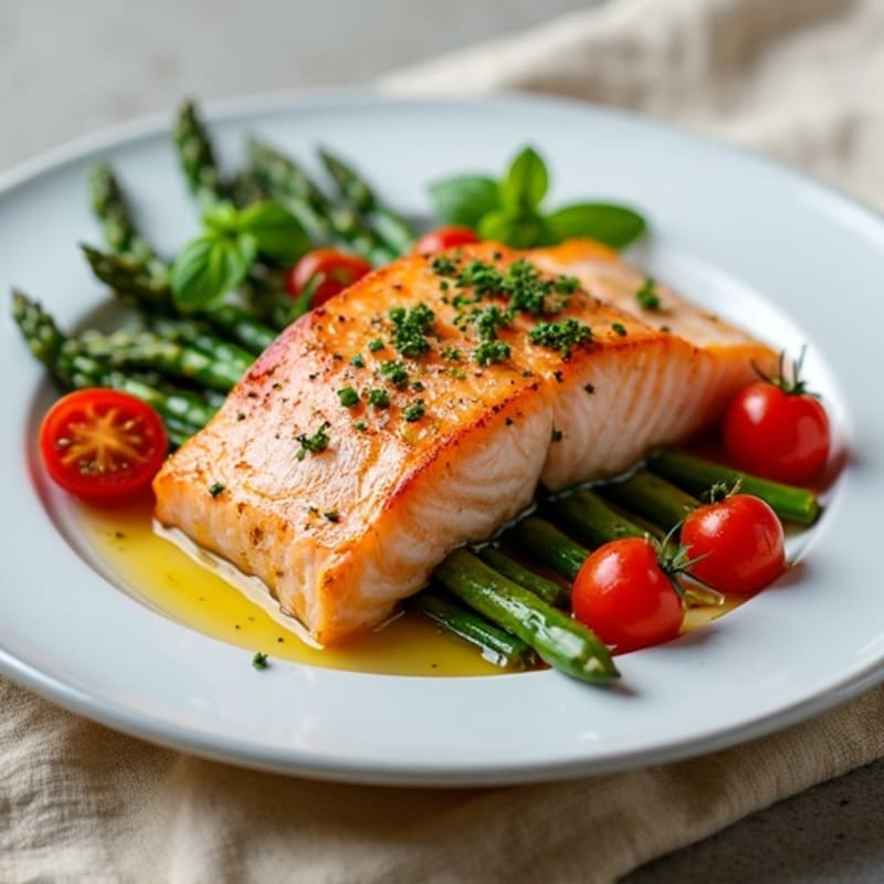 Pan-Seared Salmon with Roasted Asparagus and Cherry Tomatoes