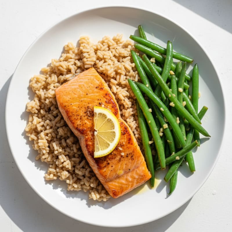 Seared Salmon Fillet with Garlic Green Beans and Brown Rice