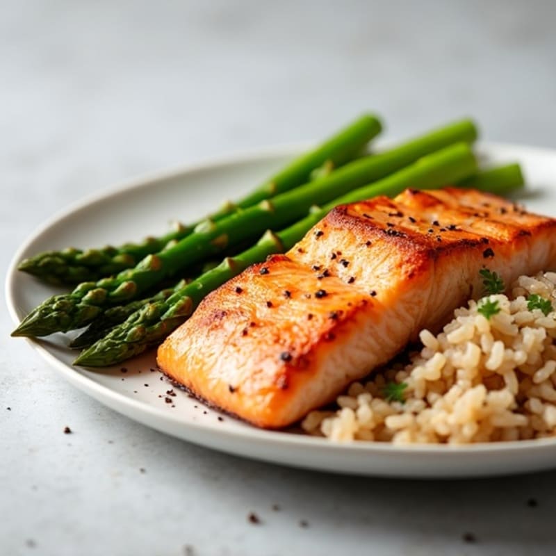 Seared Salmon Fillet with Steamed Asparagus and Brown Rice