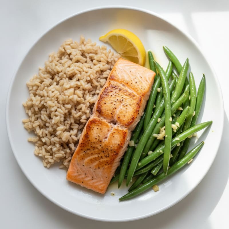 Seared Salmon with Garlic Green Beans and Brown Rice