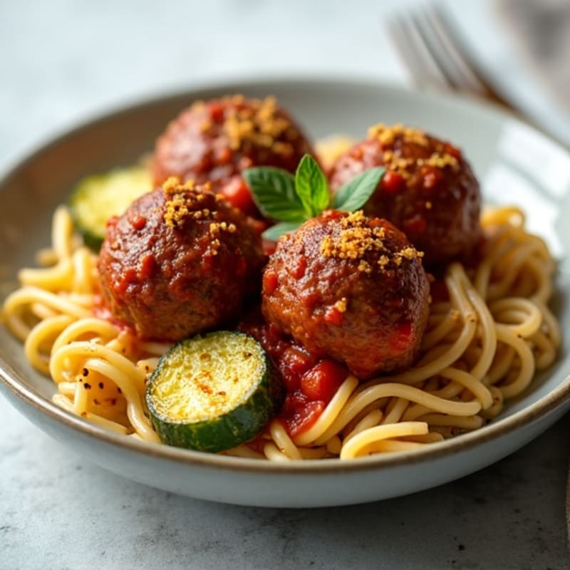 Lean Beef Meatballs with Whole Wheat Spaghetti and Roasted Zucchini