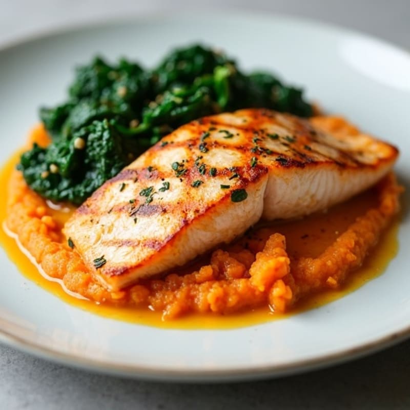 Seared Salmon with Garlic Spinach and Sweet Potato Mash