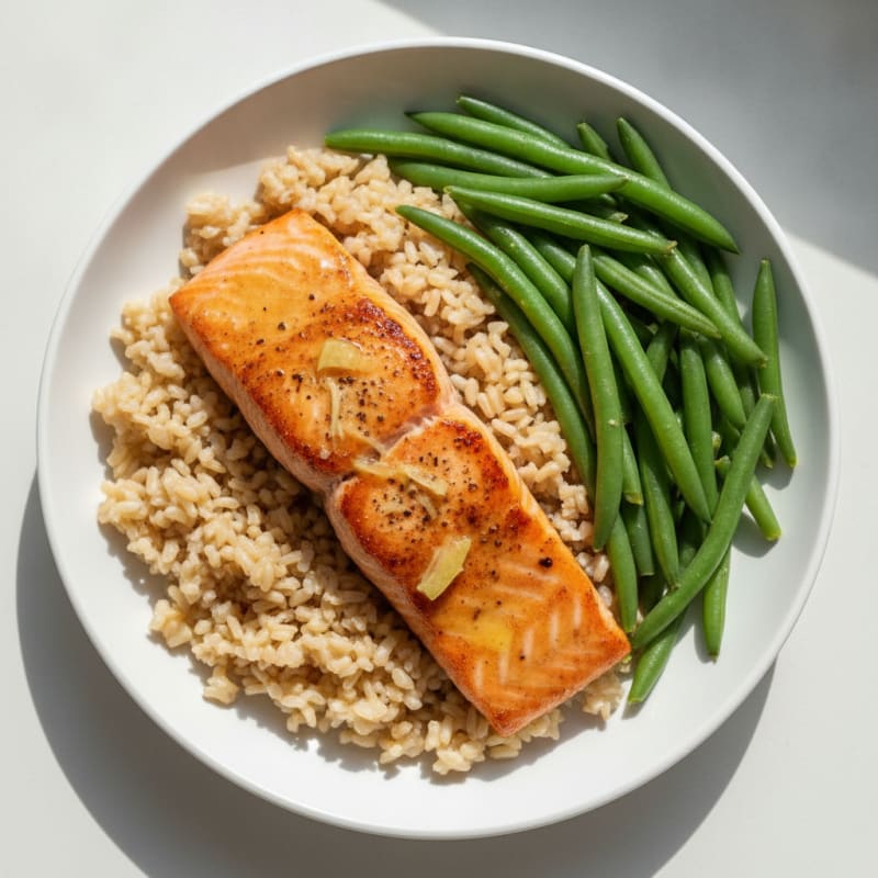 Seared Salmon with Steamed Green Beans and Brown Rice