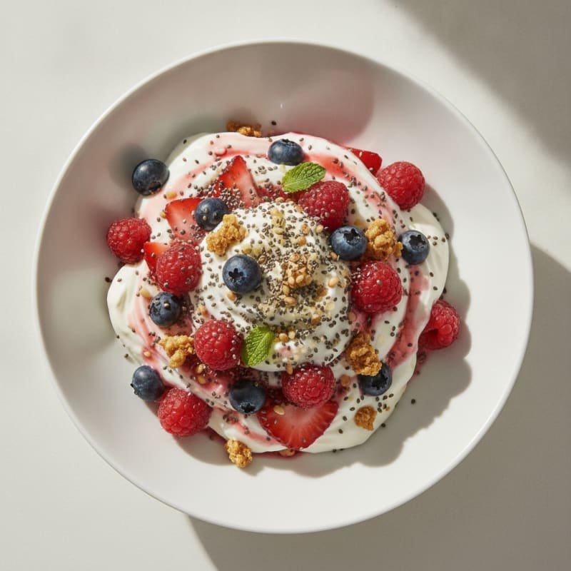 Greek Yogurt Protein Parfait with Mixed Berries and Chia Seeds