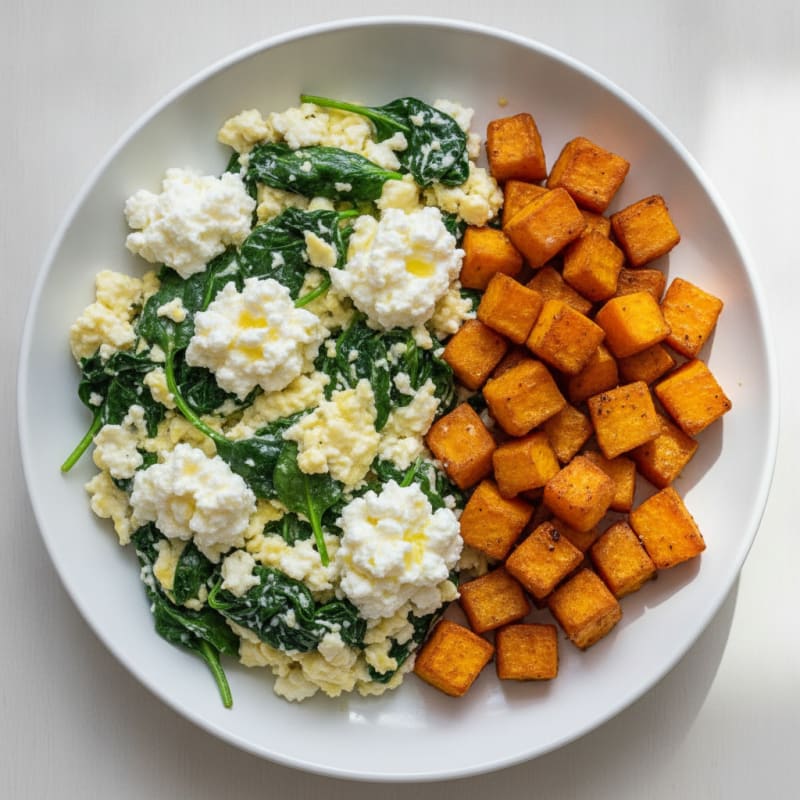 Egg White and Spinach Scramble with Cottage Cheese and Roasted Sweet Potato