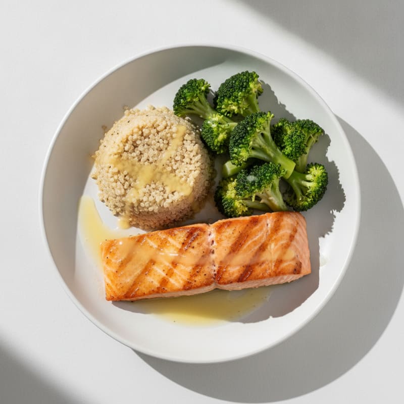 Seared Salmon with Steamed Broccoli and Quinoa
