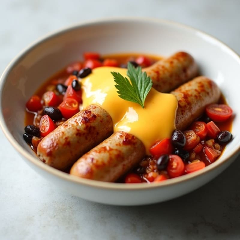 Lean Chicken Sausage with Hearty Turkey Chili and Creamy Cheddar Sauce