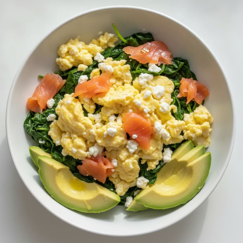 Scrambled Eggs with Smoked Salmon and Sautéed Spinach