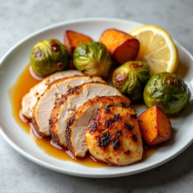Rotisserie Chicken with Crispy Roasted Brussels Sprouts and Sweet Potatoes