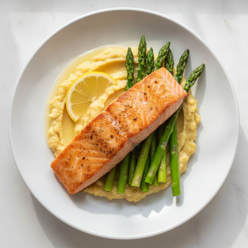 Seared Salmon Fillet with Steamed Asparagus and Chickpea Mash