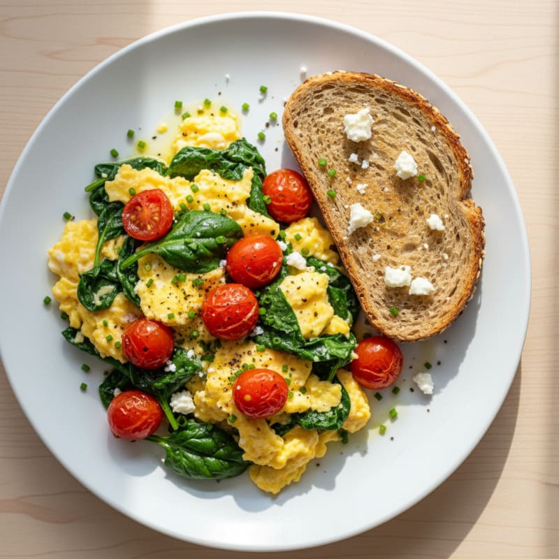 Spinach Scrambled Eggs with Cherry Tomatoes and Toast