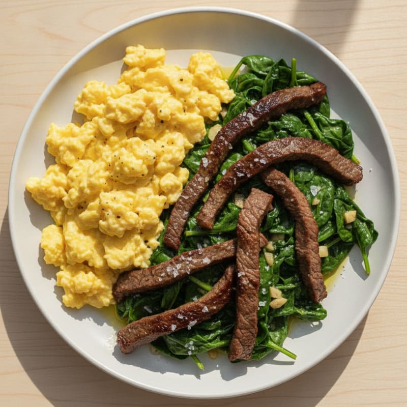 Scrambled Eggs with Sautéed Spinach and Seared Beef Strips