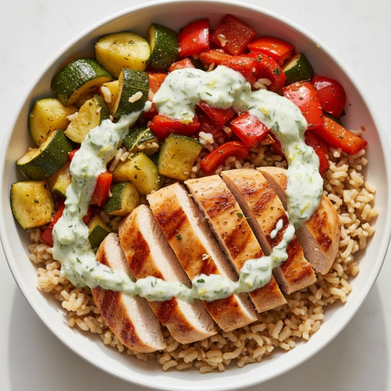 Grilled Chicken and Veggie Rice Bowl with Herb Dressing
