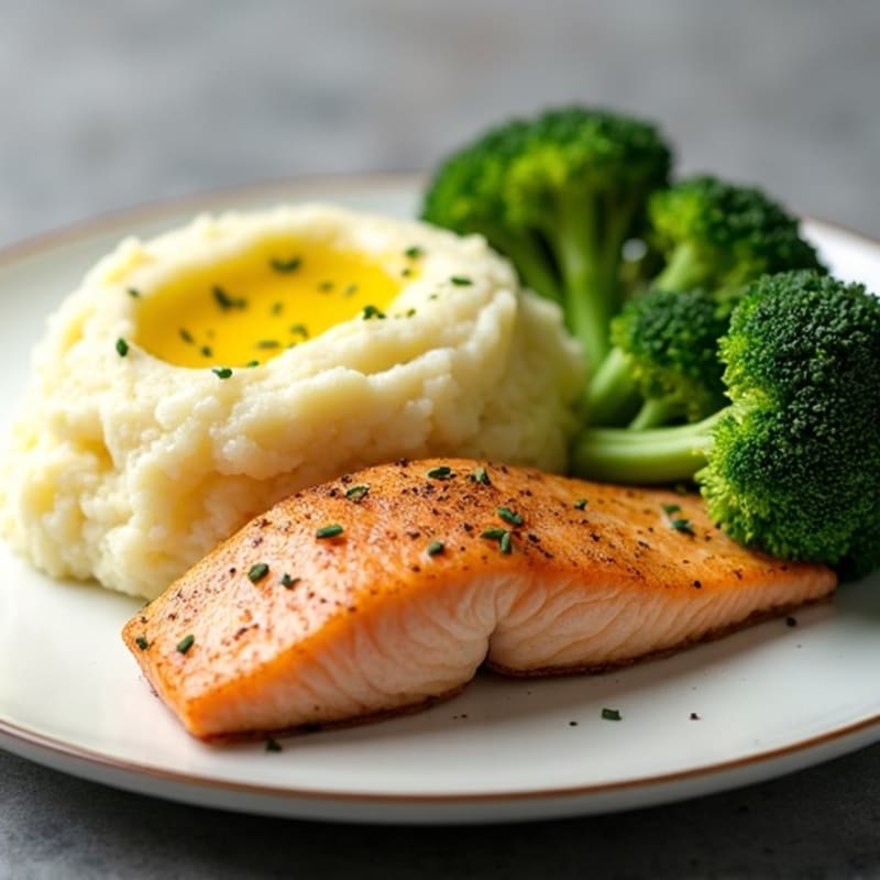 Seared Salmon Fillet with Steamed Broccoli and Garlic Mashed Potatoes