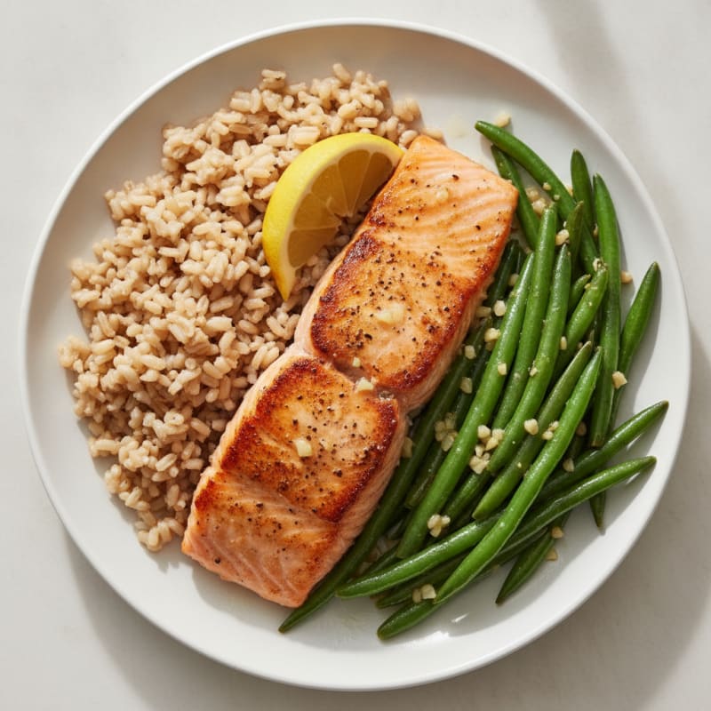 Seared Salmon with Garlic Green Beans and Brown Rice