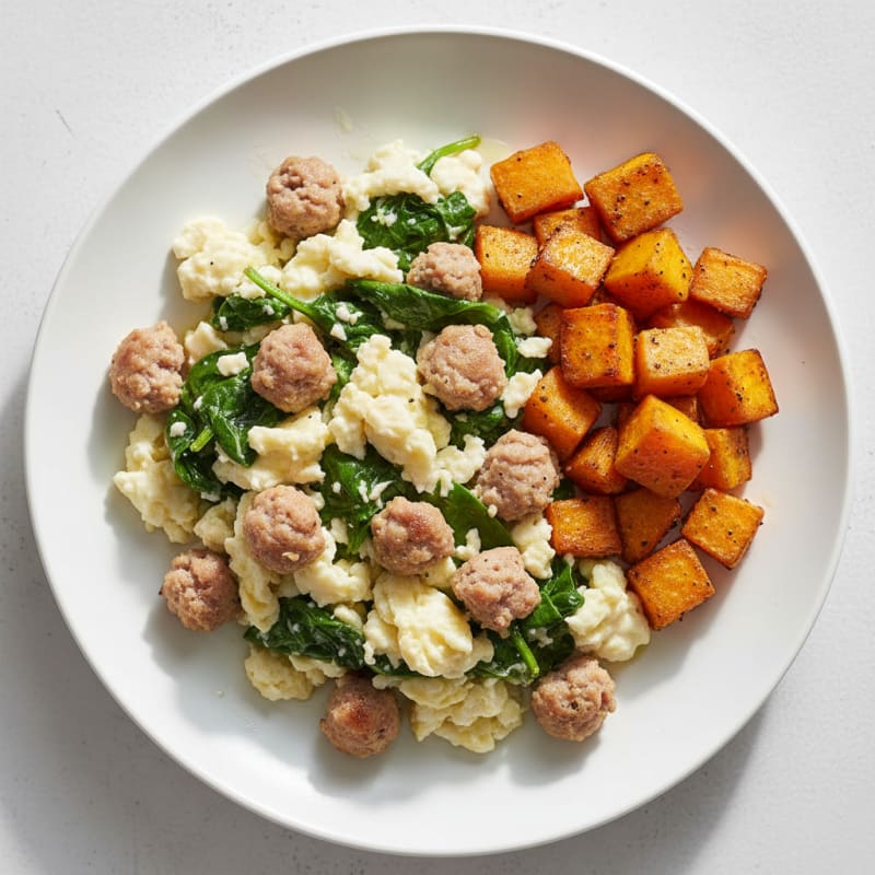 Egg White and Turkey Sausage Scramble with Spinach and Roasted Sweet Potato