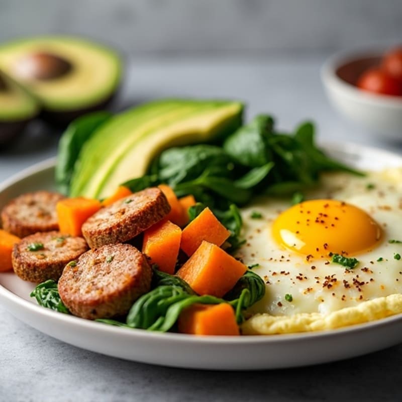 Egg White Spinach Scramble with Turkey Sausage and Sweet Potato Hash