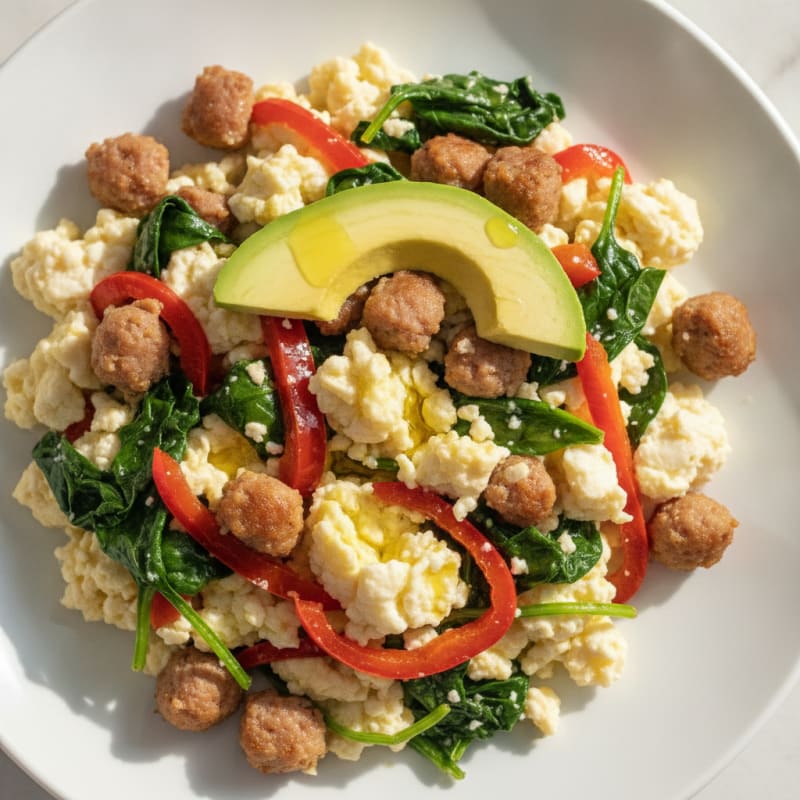 Egg White Scramble with Turkey Sausage and Sautéed Spinach