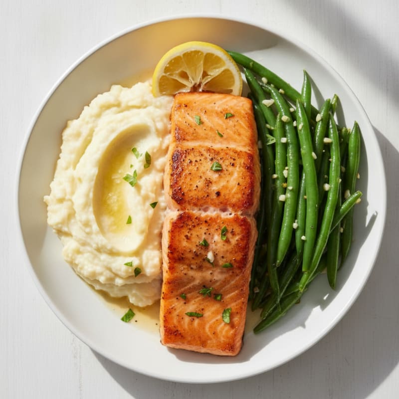 Seared Salmon Fillet with Garlic Green Beans and Mashed Cauliflower
