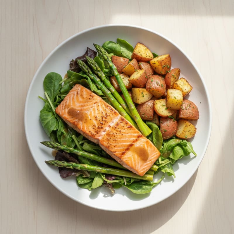 Grilled Salmon and Roasted Potato Bowl with Mixed Greens