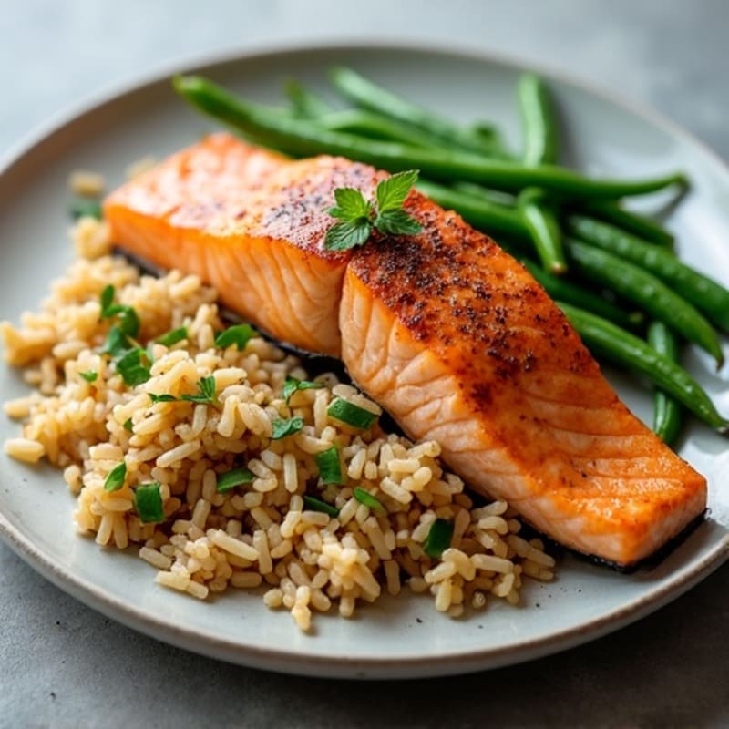 Seared Salmon Fillet with Garlic Green Beans and Brown Rice