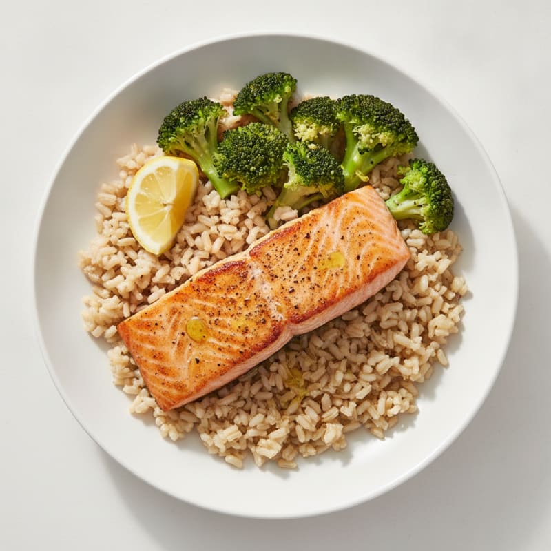 Seared Salmon Fillet with Steamed Broccoli and Brown Rice