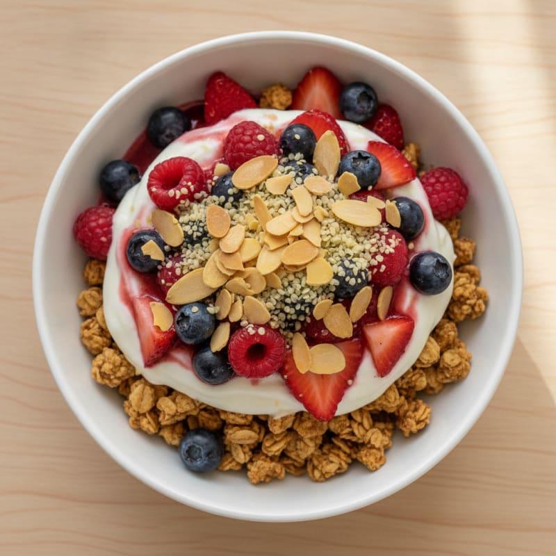 Greek Yogurt Parfait with Protein Granola and Mixed Berries