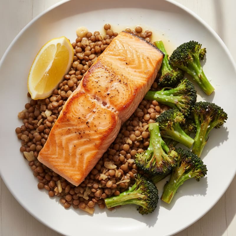 Seared Salmon with Roasted Broccoli and Garlic Lentils