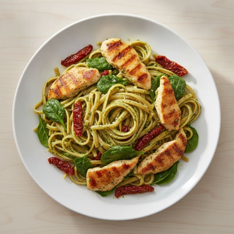 Pesto Chicken Linguine with Sun-Dried Tomatoes