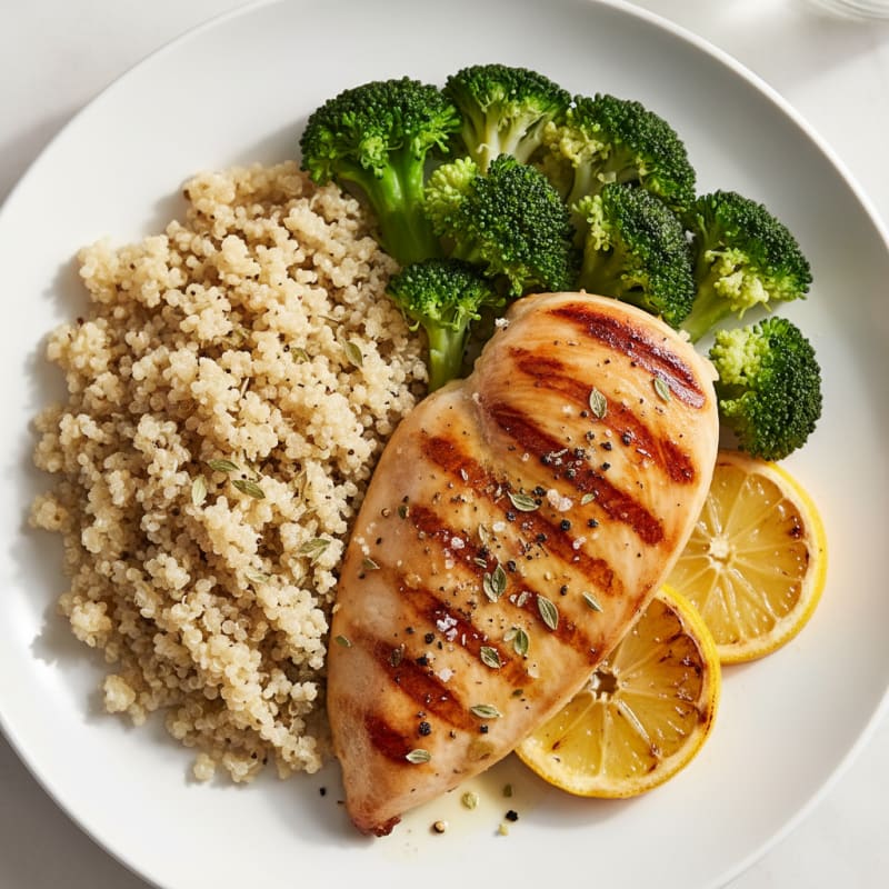 Grilled Lemon Herb Chicken Breast with Quinoa and Steamed Broccoli