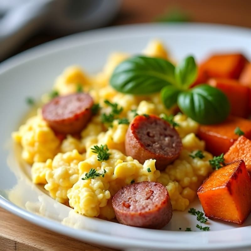 Egg White Scramble with Turkey Sausage and Roasted Sweet Potatoes