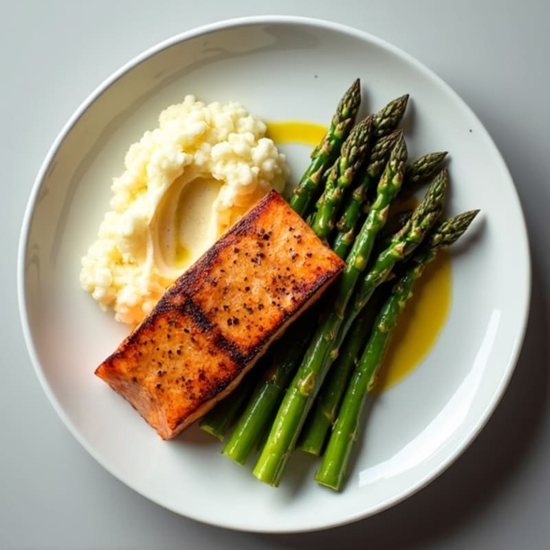 Seared Salmon with Steamed Asparagus and Garlic Mashed Cauliflower