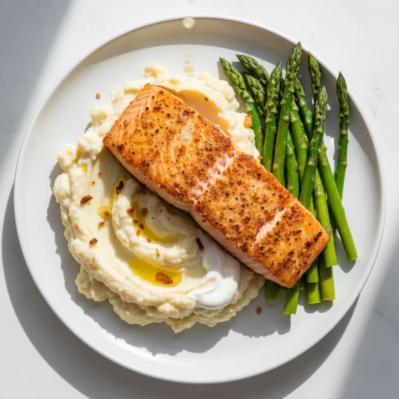 Seared Salmon with Steamed Asparagus and Garlic Mashed Cauliflower