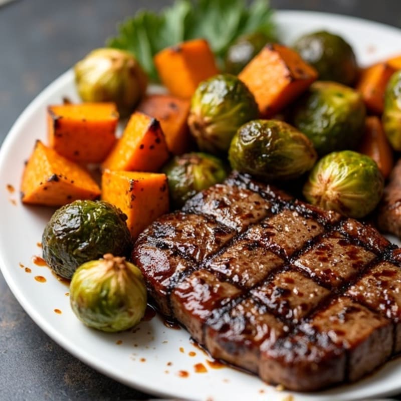 Sheet Pan Steak and Crispy Brussels Sprouts with Sweet Potatoes
