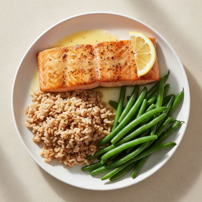 Seared Salmon with Steamed Green Beans and Brown Rice