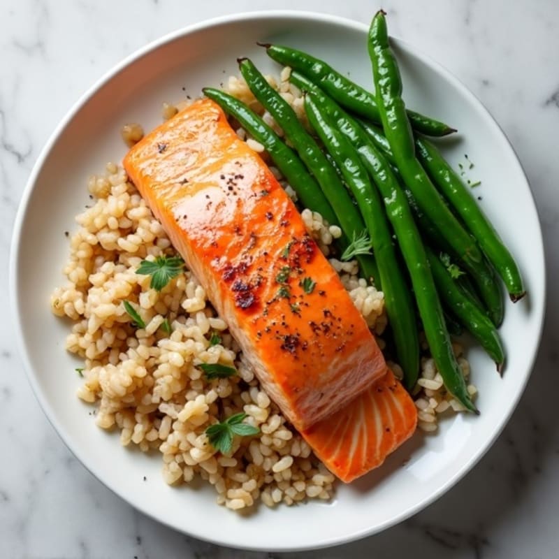 Seared Salmon with Garlic Green Beans and Brown Rice