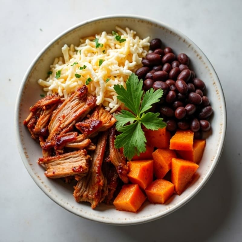 Pulled BBQ Pork Bowl with Roasted Sweet Potatoes and Crunchy Coleslaw