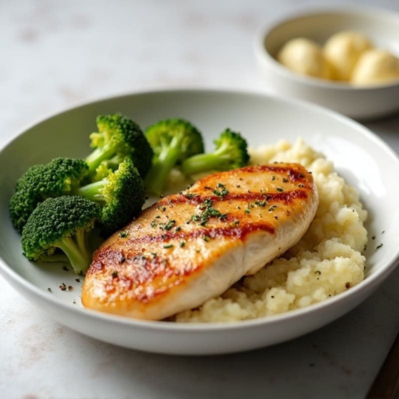 Seared Chicken Breast with Roasted Broccoli and Garlic Mashed Potatoes