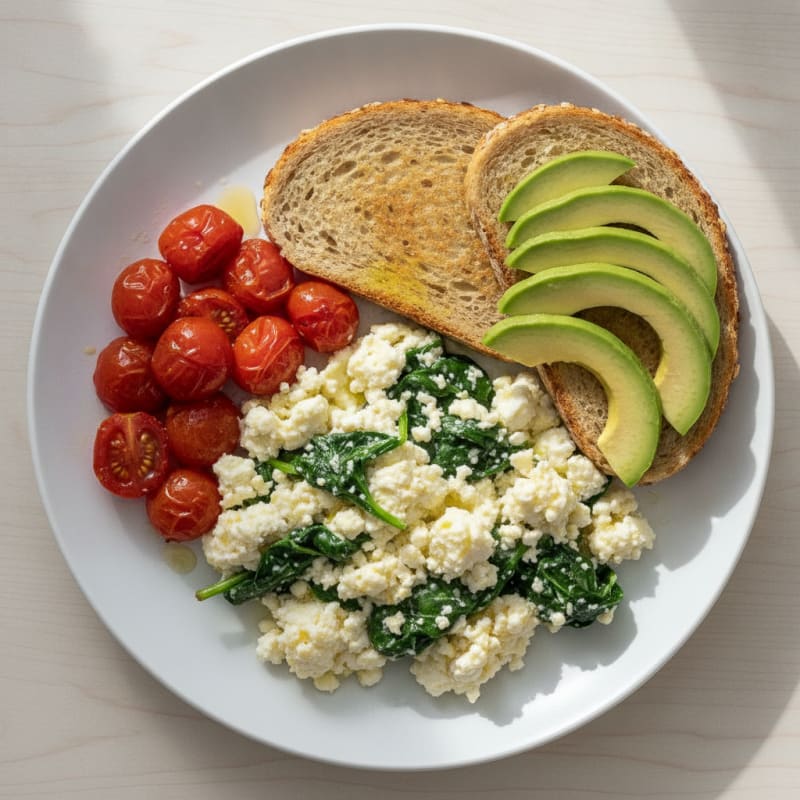Egg White Spinach Scramble with Cottage Cheese and Cherry Tomatoes