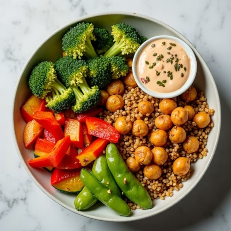 Roasted Vegetable and Crispy Chickpea Bowl with Creamy Tahini Dressing